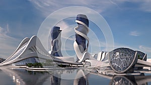 City skyline with futuristic architecture