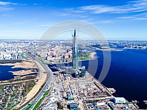 City skyline high-rise building blue sky of the Gulf of Finland photos from a height