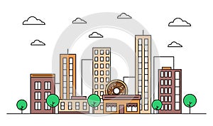 City skyline landscape design concept with buildings, scyscrapers, donut shop cafe,clouds,trees. Vector, graphic illustration.