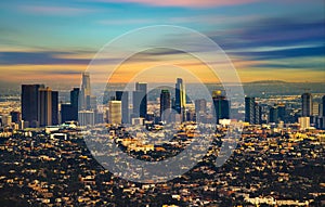 City skyline of Los Angeles downtown in California during sunset