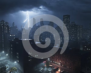 The city skyline at night illuminated by the light of a dramatic thunderstorm.