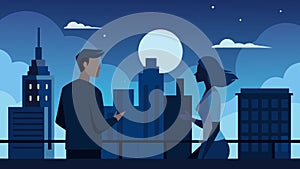 The city skyline serves as the backdrop for two individuals lost in conversation over rooftop tails in the moonlight photo