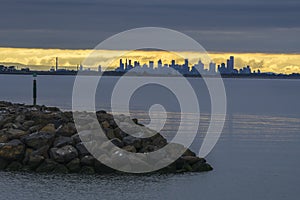 City skyline at sunrise