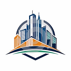 A city skyline with tall buildings in the middle, showcasing modern urban architecture, Design a sleek and modern logo for a