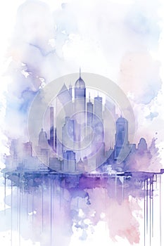 a city skyline with watercolor accents