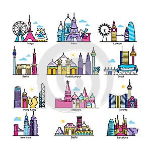 City skyline of world famous capital vector illustrations, cityscape of European, Asian, American country