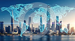 City skyline with world map overlayed suggesting global connection and technology. photo