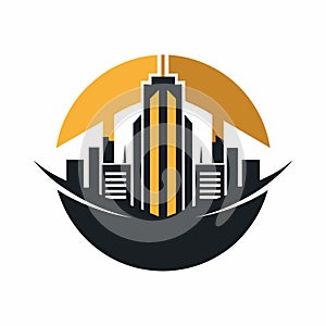 A city skyline with a yellow sun shining in the center, casting a warm glow over the buildings, A logo design using negative space