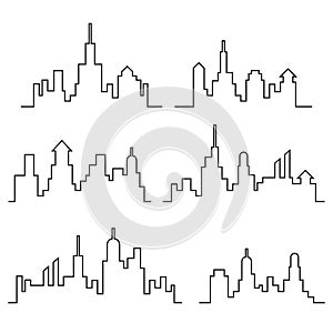 City skylines, cityscape set, outlined, black isolated on white background, vector illustration.