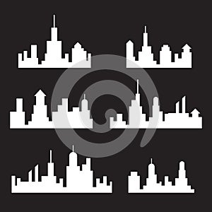 City skylines silhouette, cityscape set, white isolated on black background, vector illustration.