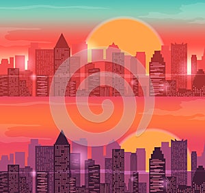 City Skylines urban landscape. Sunrise and sunset. Vector