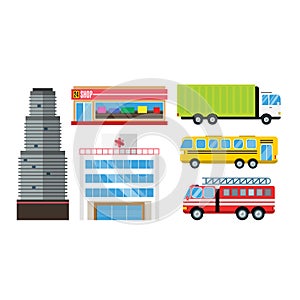 City skyscraper architecture building truck car cartoon delivery transport cargo bus vector illustration.