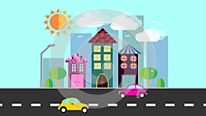 The city, a small town in flat style with houses with a sloping tile roof, cars, trees, birds, clouds, sun, road, lantern on a blu