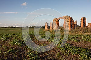 City Smiltene, Latvia.Old brick stonehenge and park