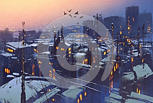 City snowy winter scene,rooftops covered with snow at sunset