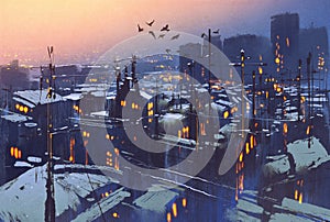 City snowy winter scene,rooftops covered with snow at sunset photo