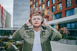 City Sound Waves Handsome Guy Enjoying His Music in the Background