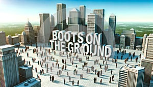 City Square Bustle Businesspeople with Distinct Boots Engaging Clients - Boots on the Ground