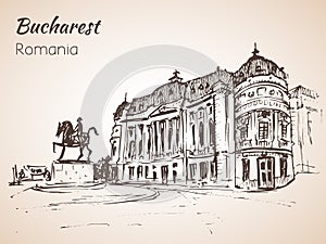 City square with horse monument sketch. Bucharest, Romania. photo