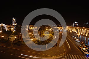 City square at night in Arequipa,Peru photo