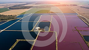 City station for wastewater treatment. A lot of ponds with dirty and cleaned water. Aerial view