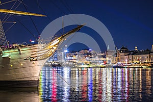 City of Stockholm harbor and waterfront evening view