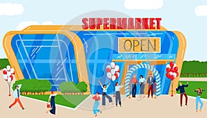 City store opening flat vector illustration, cartoon modern urban cityscape with happy people celebrate opening event