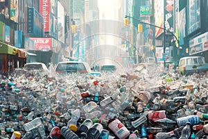 City street awash with discarded plastic waste, illustrating dystopian perspective of environmental negligence. Generative AI