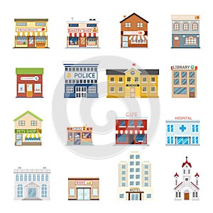 City street building shops real estate architecture set isolated flat design vector illustration photo