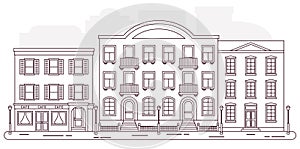 City street with buildings. Vector illustration. Outline houses in flat style