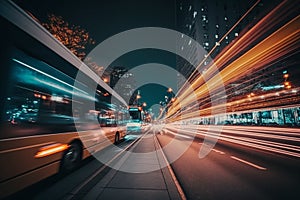 A city street with a bus and cars moving fast at night time