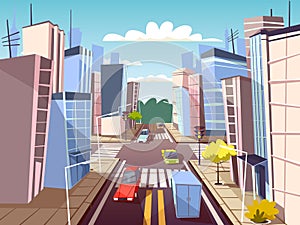City street cars vector cartoon illustration of urban transport traffic lane and pedestrian crosswalk with marking