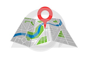 City street cartography folded map with navigation location pin pointer. Finding the way concept vector illustration
