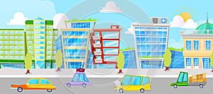 City street with cartoon cars panorama vector illustration. Cars driving city street panorama, urban road. Buildings and