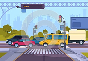 City street. Cartoon town cityscape with cars and crosswalk, town traffic on crosswalk. Vector urban highway landscape