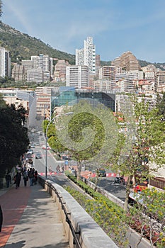 City street and city in mountains. Monte Carlo, Monaco