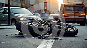 City Street Collision: Motorcycle and Car Involved in Traffic Accident.