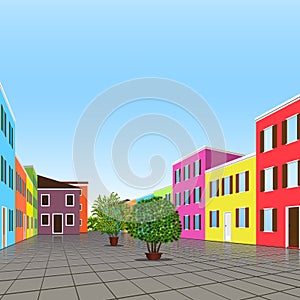 City street with colorful houses