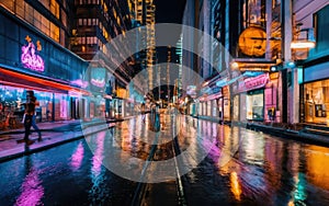 City street with colorful lights reflecting off wet pavement at night. Isolated on black background.