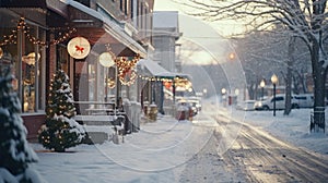 A city street covered in snow next to tall buildings. Perfect for winter cityscape scenes