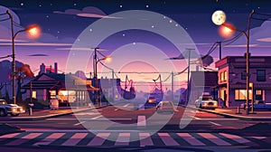 The city street crossroads are lit by lamp lights at night. Lights on the road in a cartoon modern background. Dark