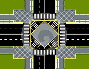 City street crossroads with zebra crosswalk. Place for advertisement, announcement. Close-up with lawns. illustration