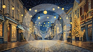 City street decorated with Christmas lights, van Gogh style De sterrennacht photo