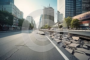 City street with destructed asphalt road after disaster. Generative AI