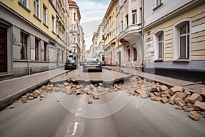 City street with destructed asphalt road after disaster. Generative AI