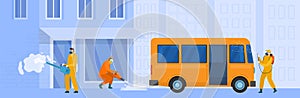 City street disinfection, vector illustration. People in protective suit work against coronavirus, epidemic quarantine