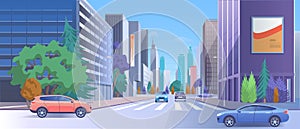 City street downtown vector illustration, cartoon 3d urban cityscape with car traffic on road, luxury modern skyscraper