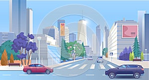 City street downtown vector illustration, cartoon 3d urban panoramic cityscape, business office center with skyscraper