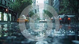 city street is drenched under the rain closeup shot