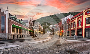 City street at dusk in Bergen, Norway.